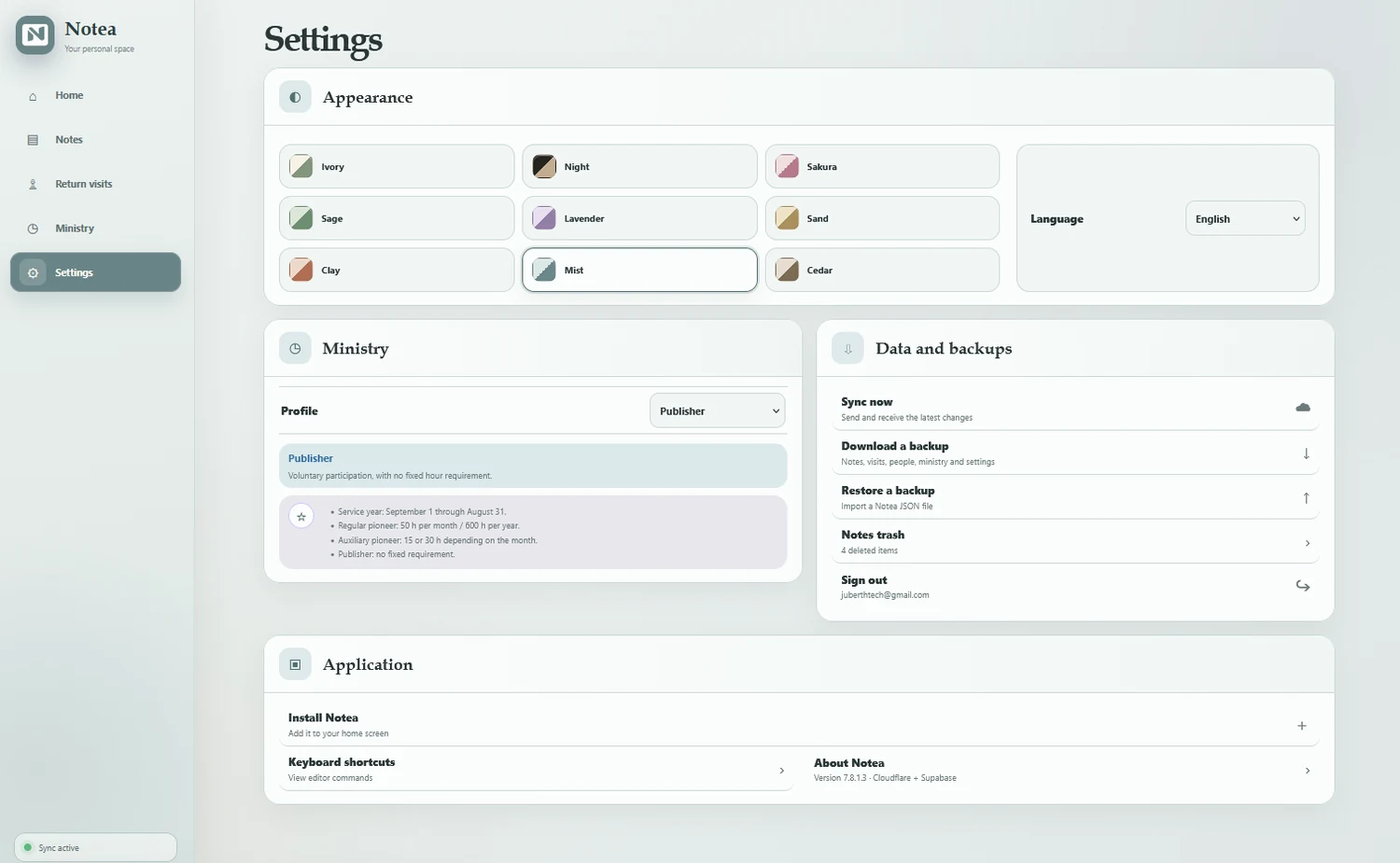 Notea settings on desktop